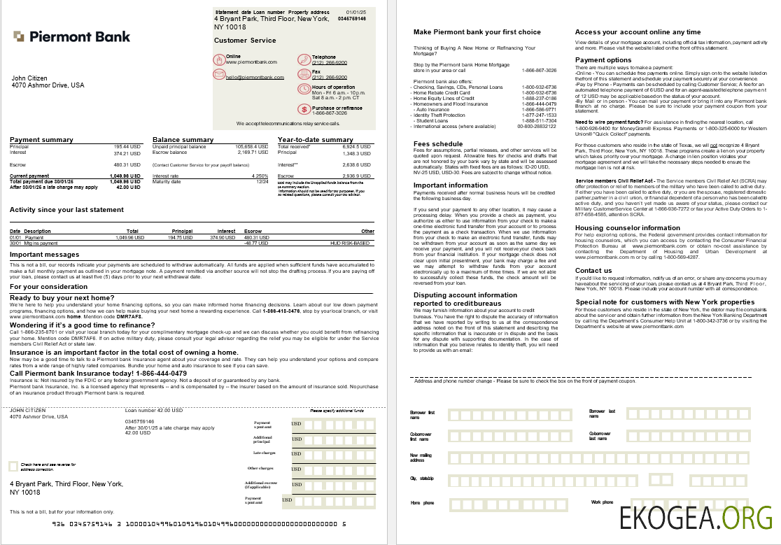 Relevé hypothécaire de la banque USA Piermont aux formats Word et PDF, 2 pages